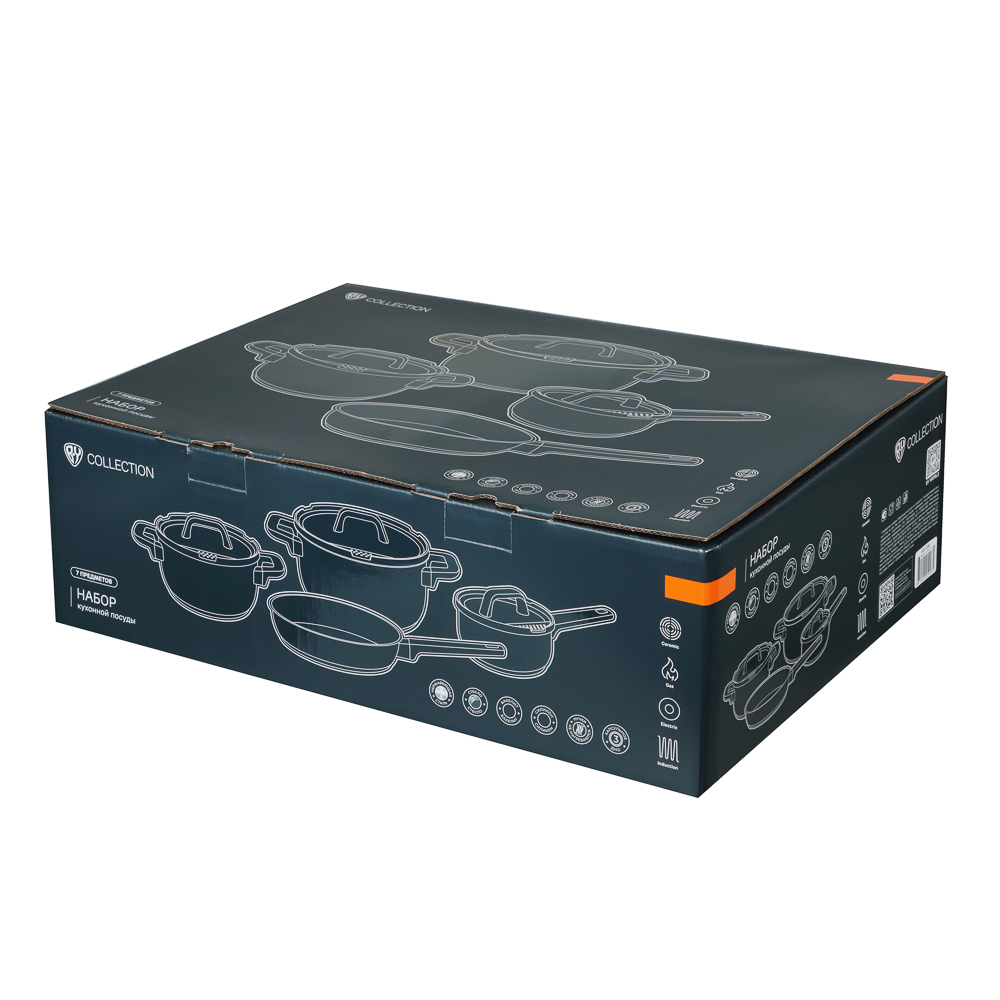 BY COLLECTION Inta Набор посуды кухонной 7пр, кастрюли 5л; 3л; ковш 1,5л; сковорода 24см, нерж.сталь - #15
