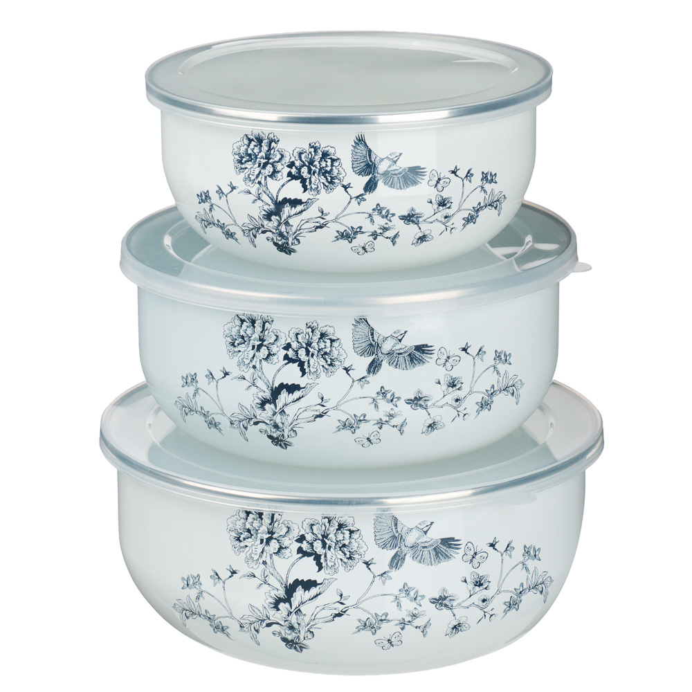 Набор эмалированных салатников с крышками, 6 пр. (14/16/18см, 0,7/1,1/1,4л) "Флорал" - #1