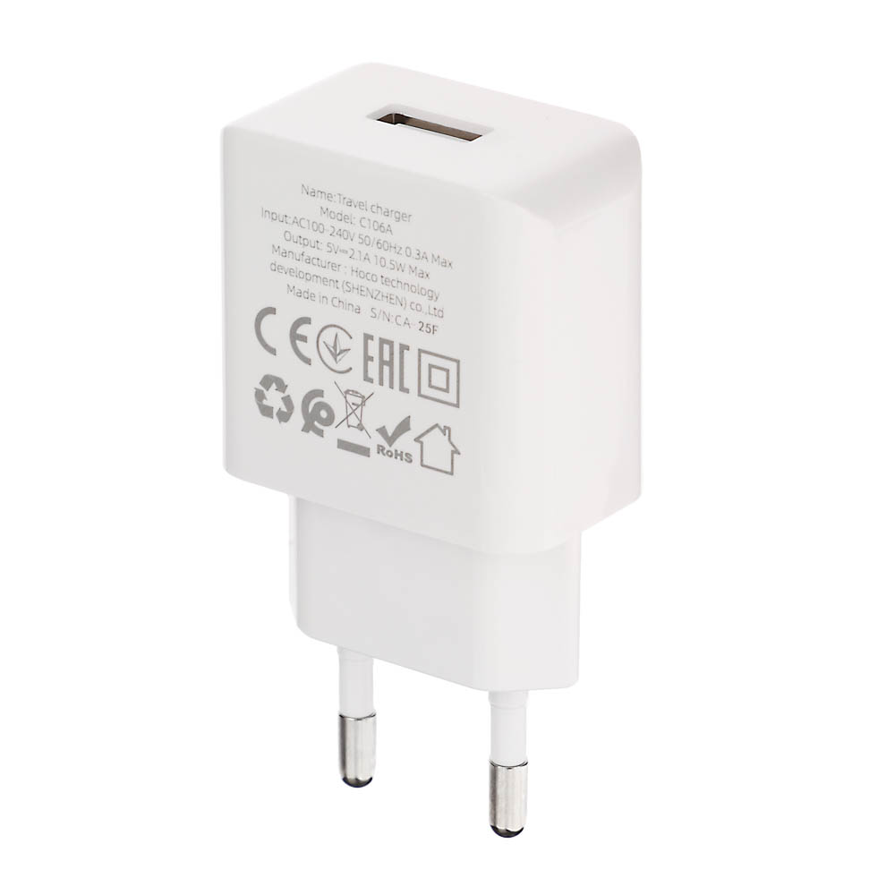 hoco. Комплект зарядное устройство с кабелем модель C106A, USB-A 10.5W, каб Type-C 1м, цвет: белый - #12