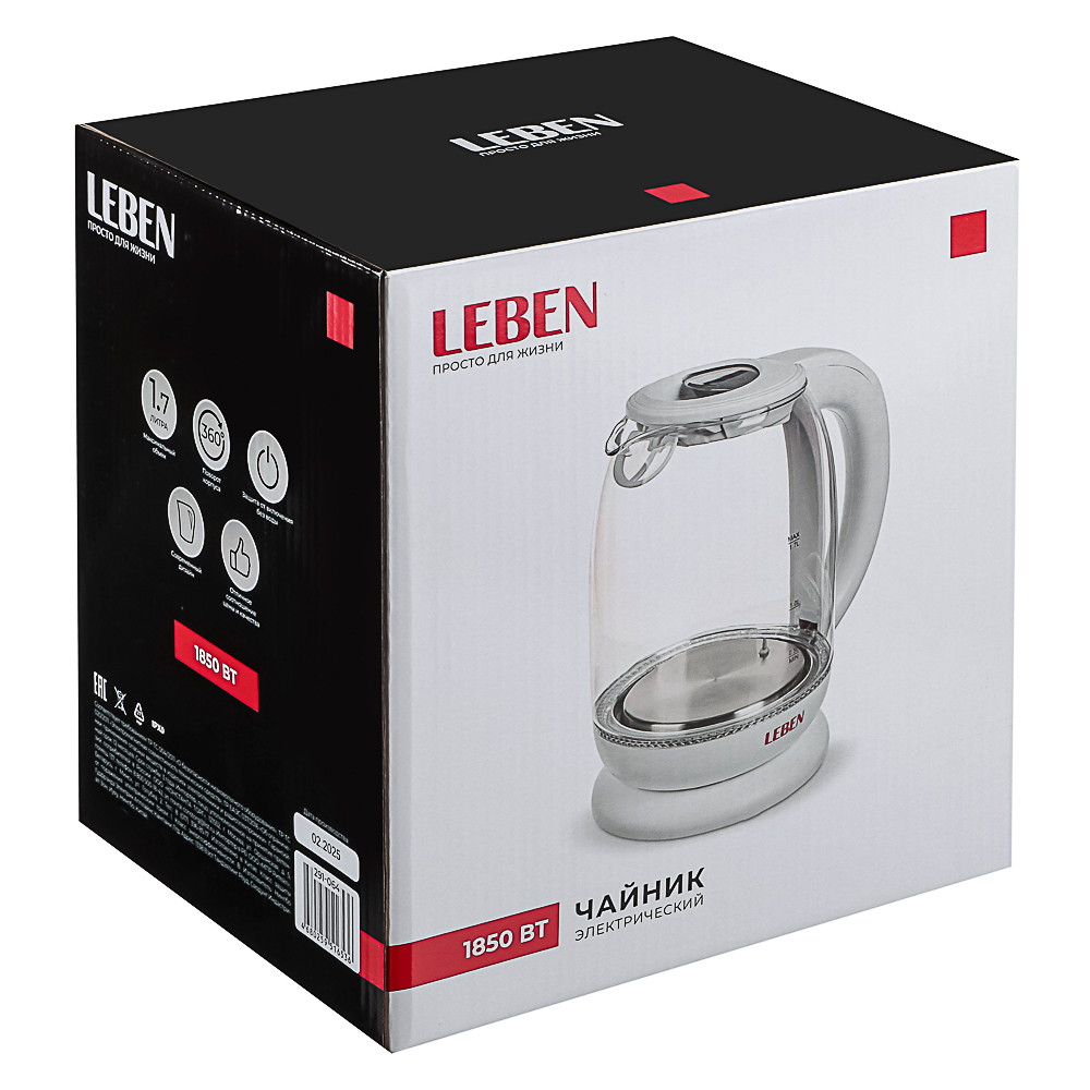 LEBEN Чайник электрический 1,7л, 1850Вт, скрытый нагр.элемент, автооткл., стекло, поддержание темпер - #9