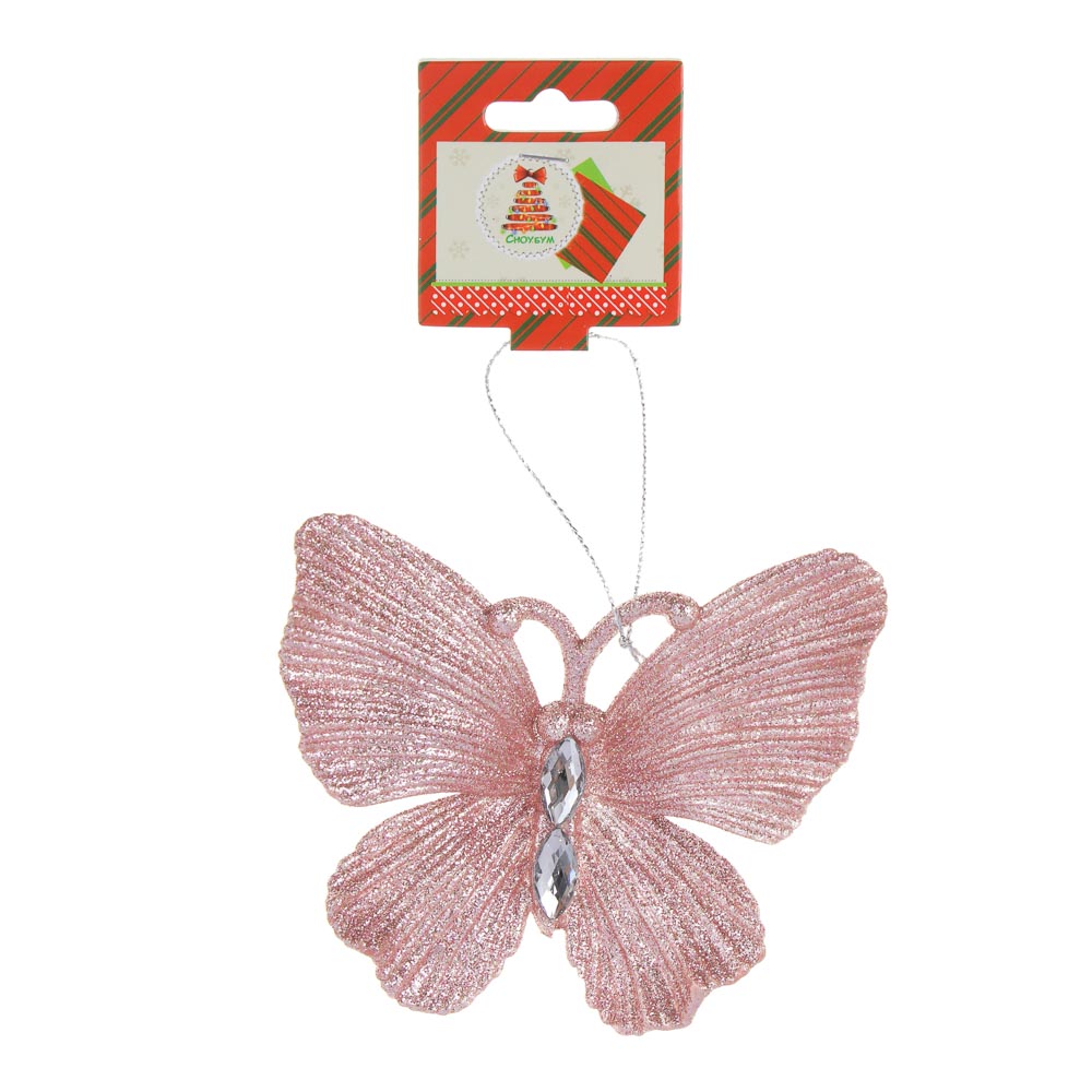 СНОУ БУМ Подвеска декоративная, бабочка, 10x9 см, пластик, глиттер, розовое золото - #3