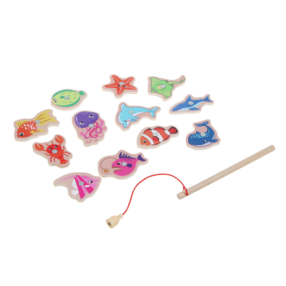 ИГРОЛЕНД Игрушка развивающая для малышей "Рыбалка магнитная", 12 фигурок, дерево, 20х14см - #1