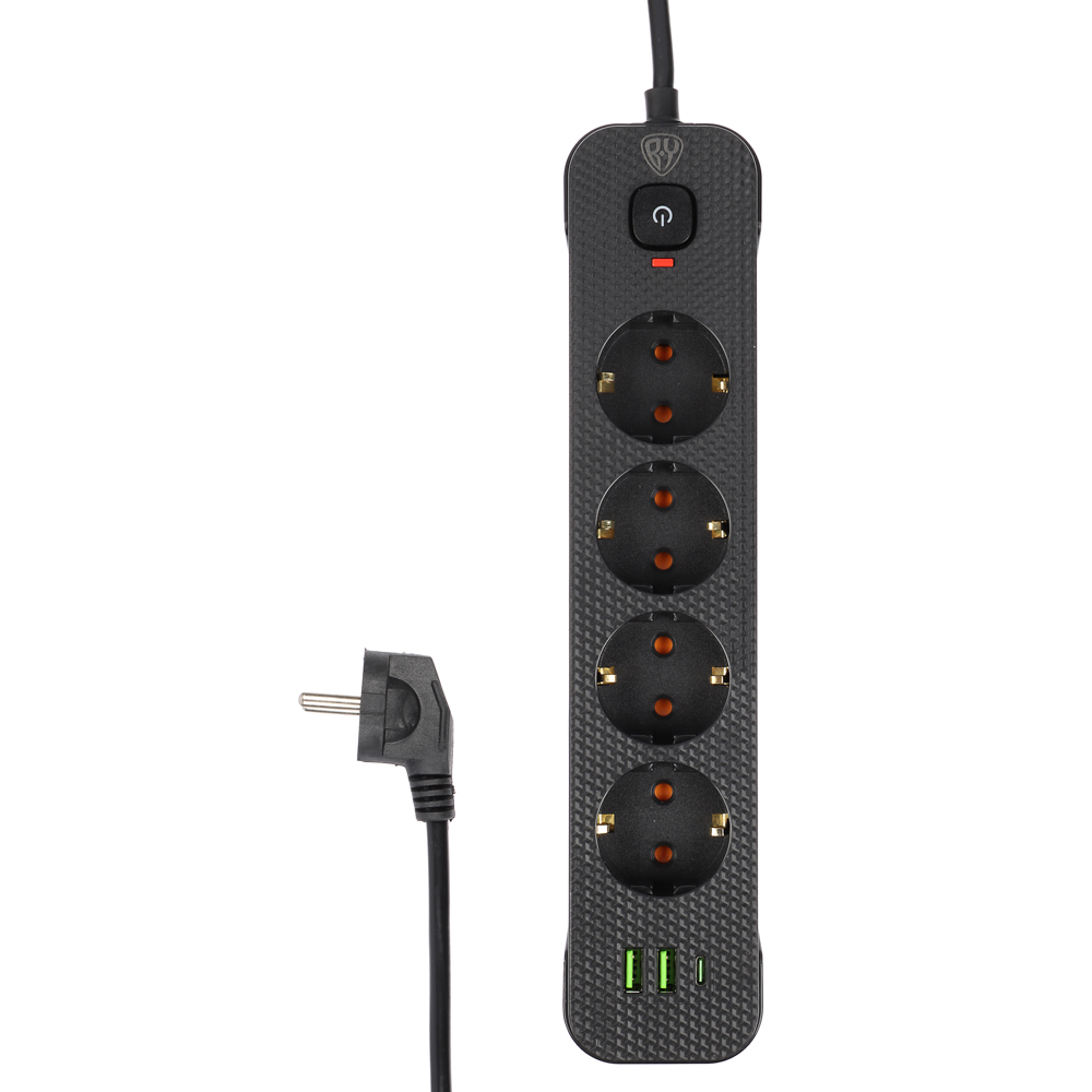 BY Удлинитель 3 м, 4 гнезда с зазем. + 2USB+ 1type C с защ., с выкл. черн. карбон сеч провода 1мм - #1