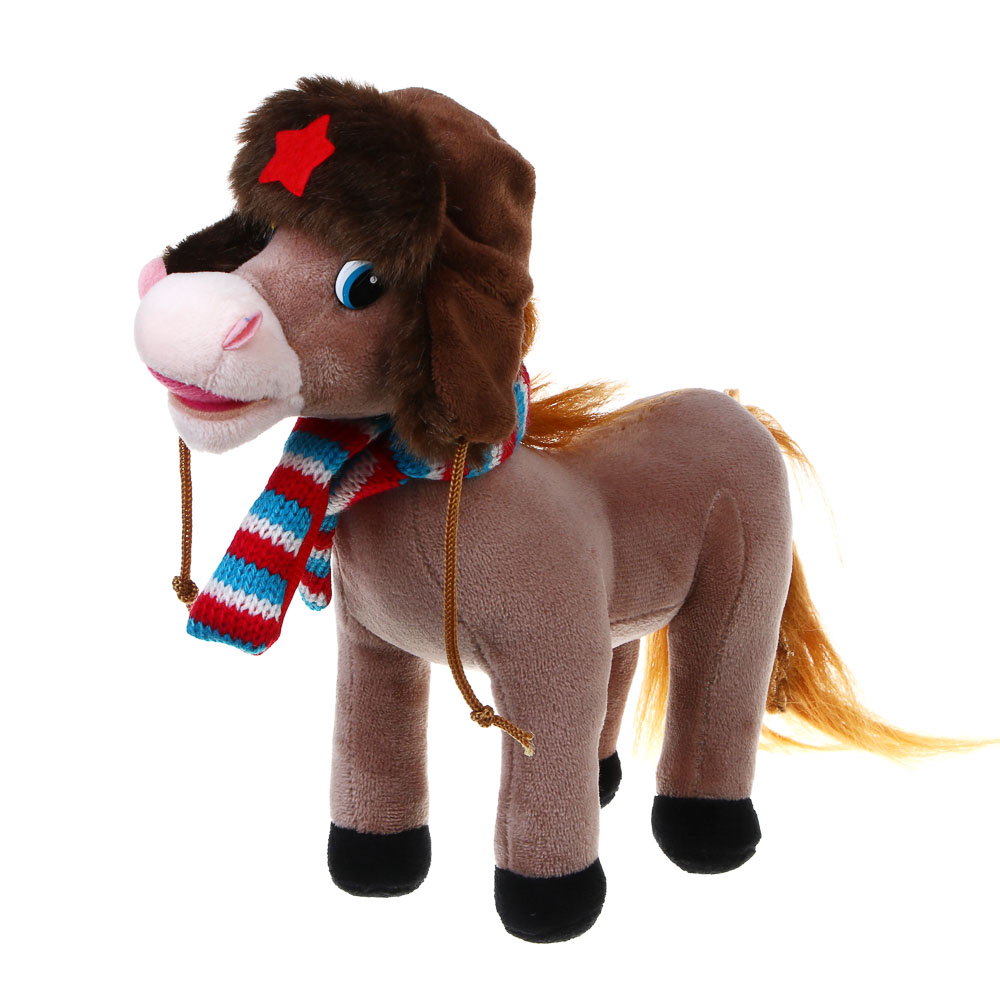 СНОУ БУМ Мягкий сувенир Лошадка в шапке-ушанке 22 см, полиэстер - #3