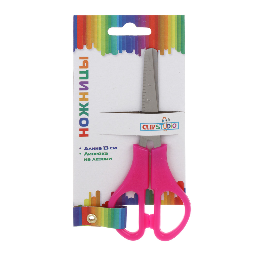 ClipStudio Ножницы школьные 13см с линейкой, пластиковые ручки, 3 цвета, на карточке с подвесом - #6