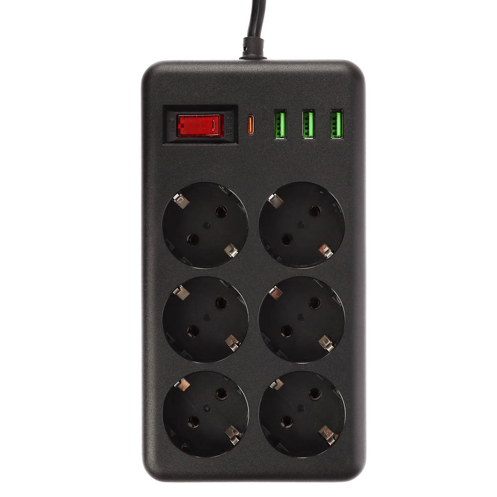 BY Удлинитель, сетевой фильтр Black 6 розеток, 3 м, 3*USB, 1*type-C,выкл., 2500Вт,чёрный - #6