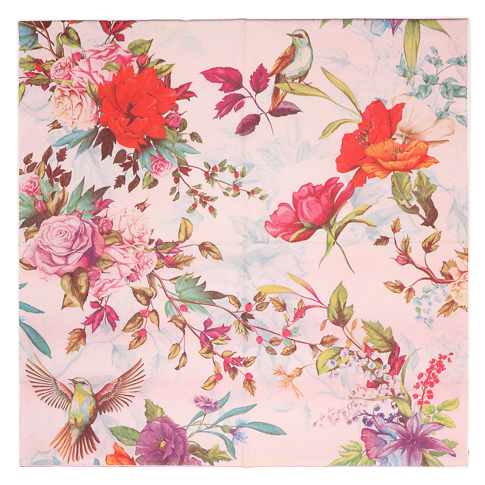 Салфетки бумажные трехслойные Птицы и цветы 33*33 см, 20 шт - #3
