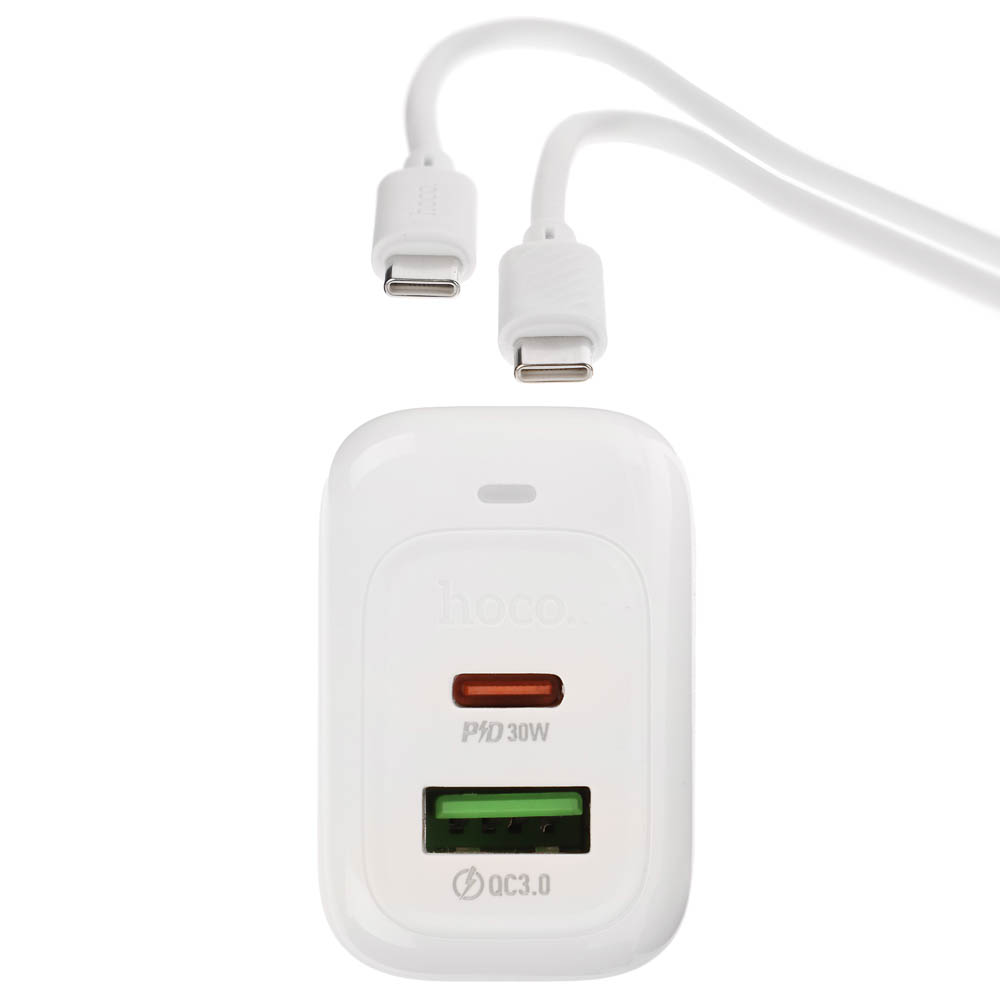 hoco. Зарядное устройство модель CS55A, USB+C 30W+ Кабель для зарядки С-С, цвет: белый - #15