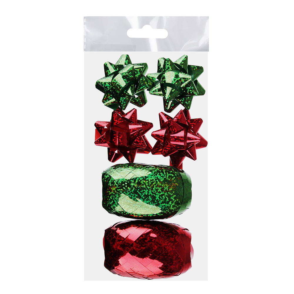 Набор для упаковки подарка, 2 ленты и 4 бантика, красный и зеленый цвета - #2