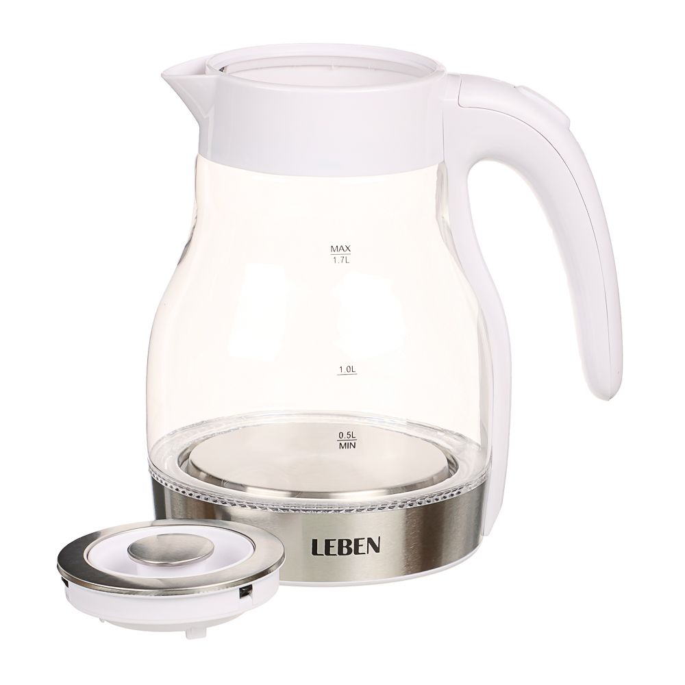 LEBEN Чайник электрический 1,7 л., 2200 Вт., стекло, белый пластик - #6