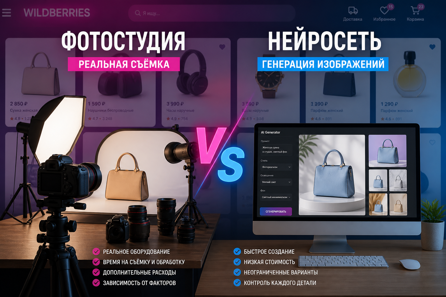 Сравнение методов создания фотографий товаров для маркетплейсов: нейросеть и фотостудия.