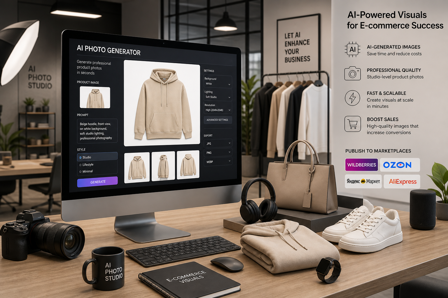 Иллюстрация AI-фото для интернет-магазинов на маркетплейсах, показывающая процесс генерации изображений для товаров.