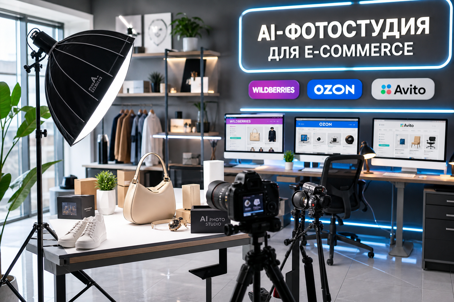 AI-фото для интернет-магазинов, профессиональная фотостудия, элементы e-commerce, маркетплейсы