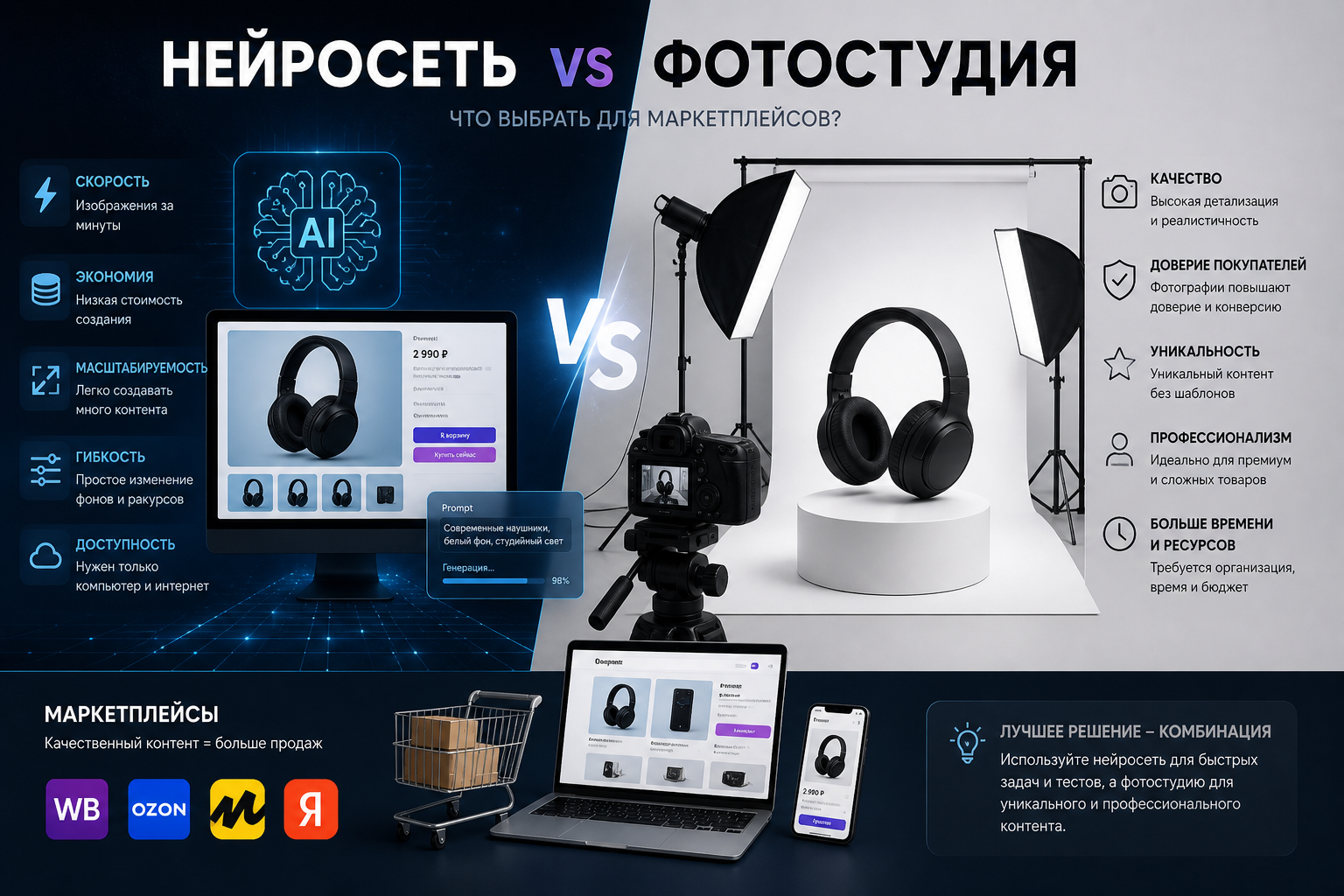 Сравнение нейросети и фотостудии для маркетплейсов в e-commerce