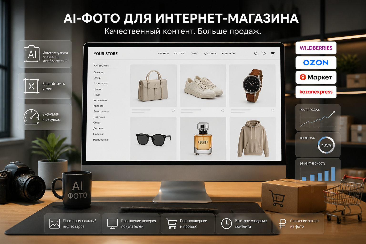 AI-фото для интернет-магазина, визуализация e-commerce с элементами маркетплейсов.