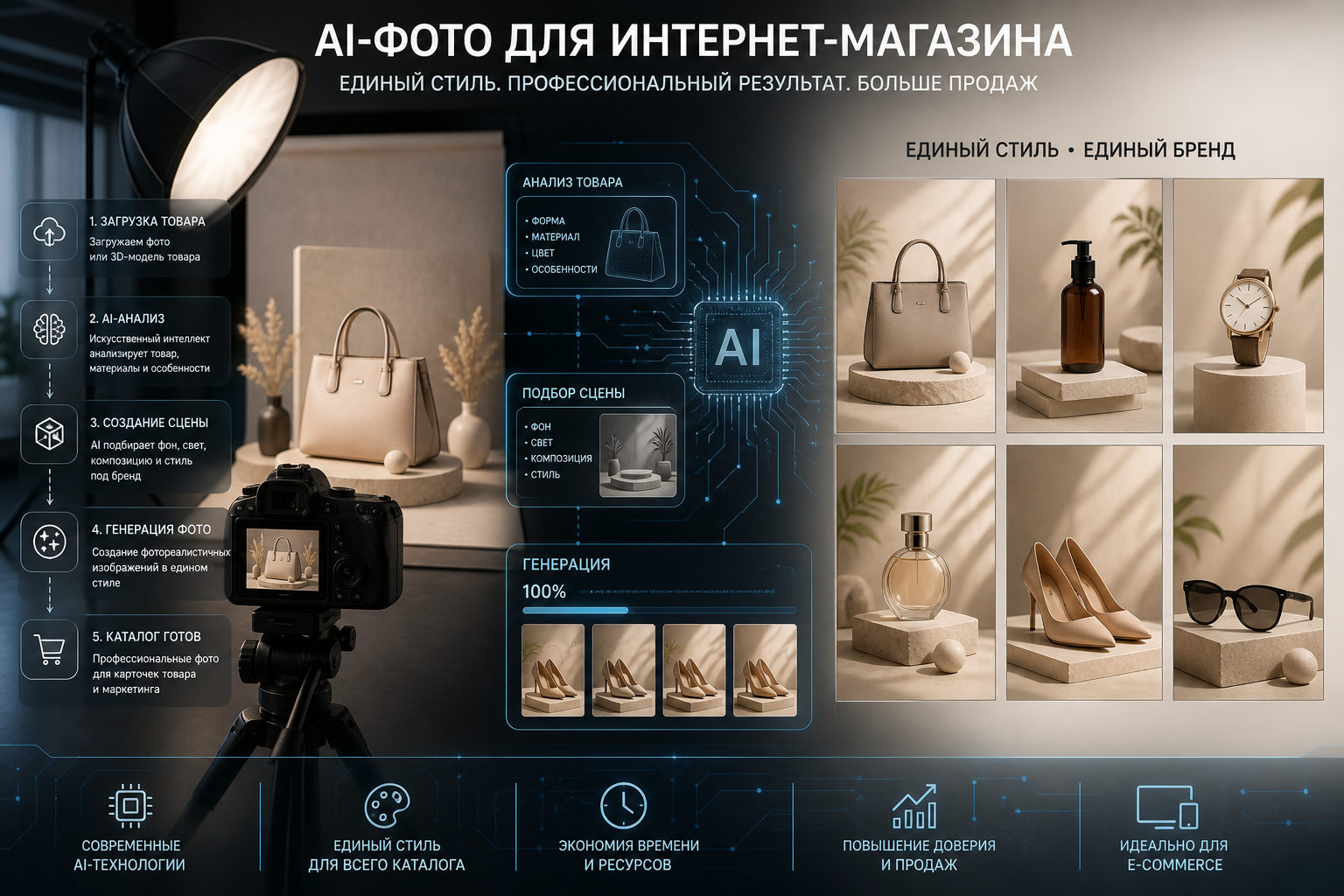 AI-фото для интернет-магазина, демонстрирующие единый стиль и профессионализм в визуализации товаров.