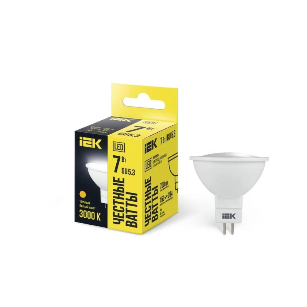 Лампа светодиодная MR16 7Вт 3000К тепл. бел. GU5.3 630лм 230-240В IEK LLE-MR16-7-230-30-GU5