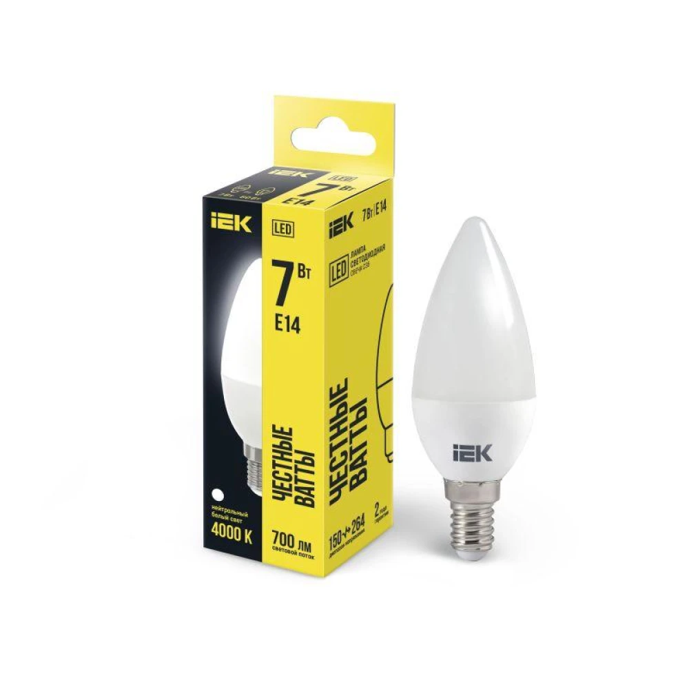 Лампа светодиодная 7Вт C35 свеча 4000К нейтр. бел. E14 230В IEK LLE-C35-7-230-40-E14