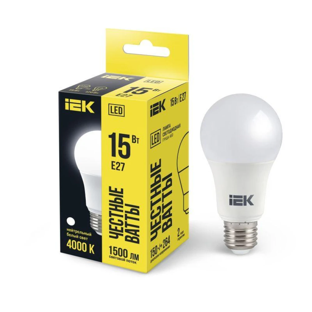 Лампа светодиодная 15Вт A60 грушевидная 4000К нейтр. бел. E27 230В IEK LLE-A60-15-230-40-E27