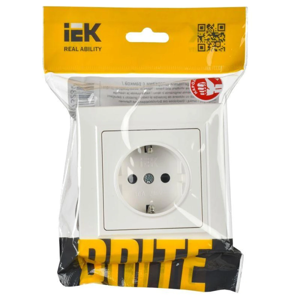 Розетка BRITE РСР14-1-0-БрБ 16А в сборе с заземл. защ. шторки бел. IEK BR-R14-16-K01-F