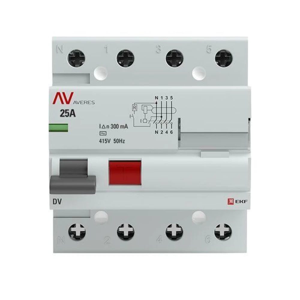Выключатель дифференциального тока (УЗО) 4п 25А 300мА тип AC DV AVERES EKF rccb-4-25-300-ac-av