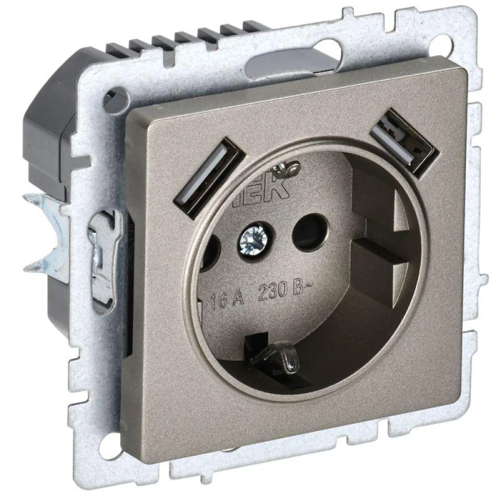 Розетка BRITE РЮш10-1-БрШ 16А с USB A+A 2.1А с заземл. защ. шторки механизм шампань IEK BR-R14-16-U21-D21-K37