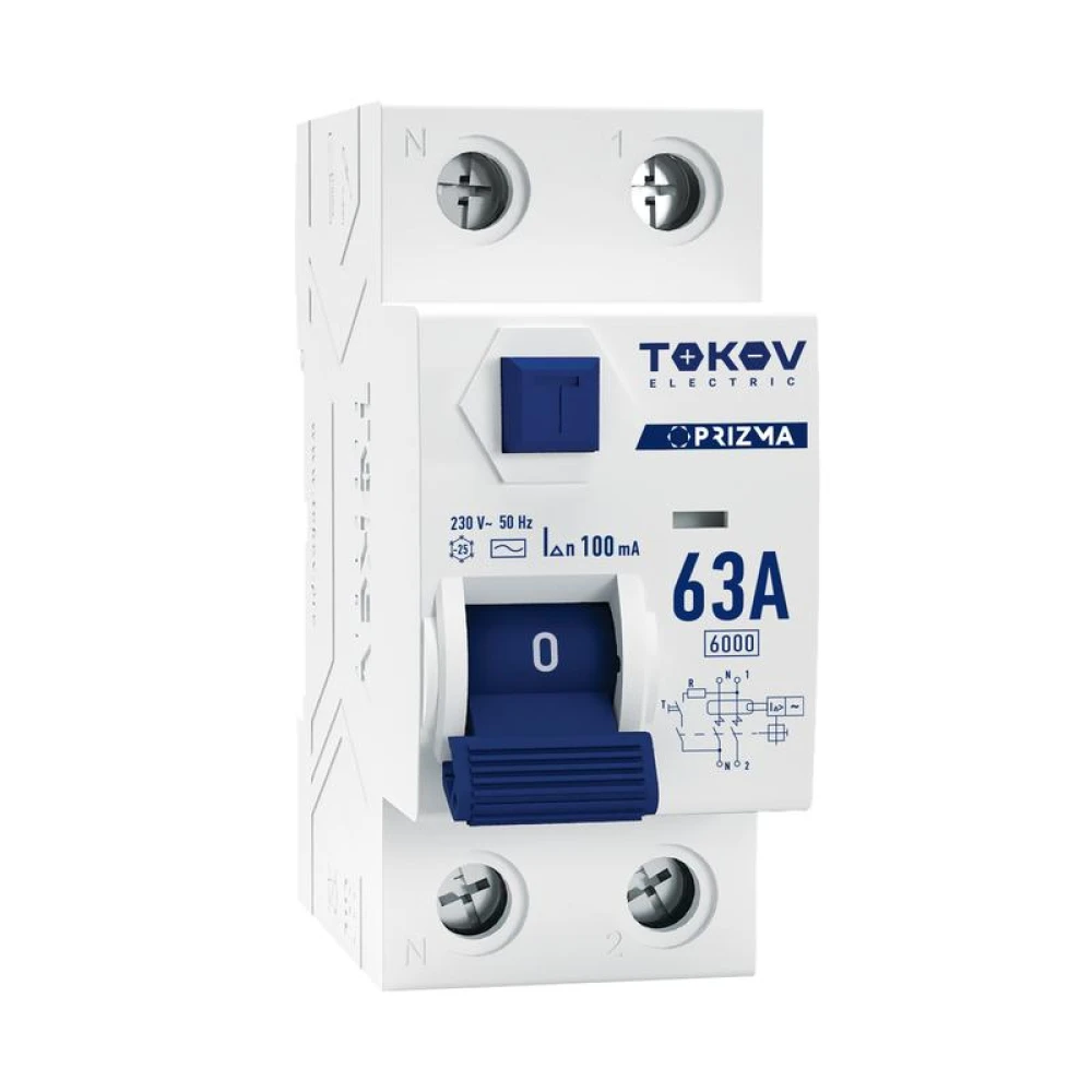 Выключатель дифференциального тока (УЗО) 2п (1P+N) 63А 100мА тип AC 6кА PRIZMA TOKOV Electric TKE-PZ60-RCDM-2-63-100-AC