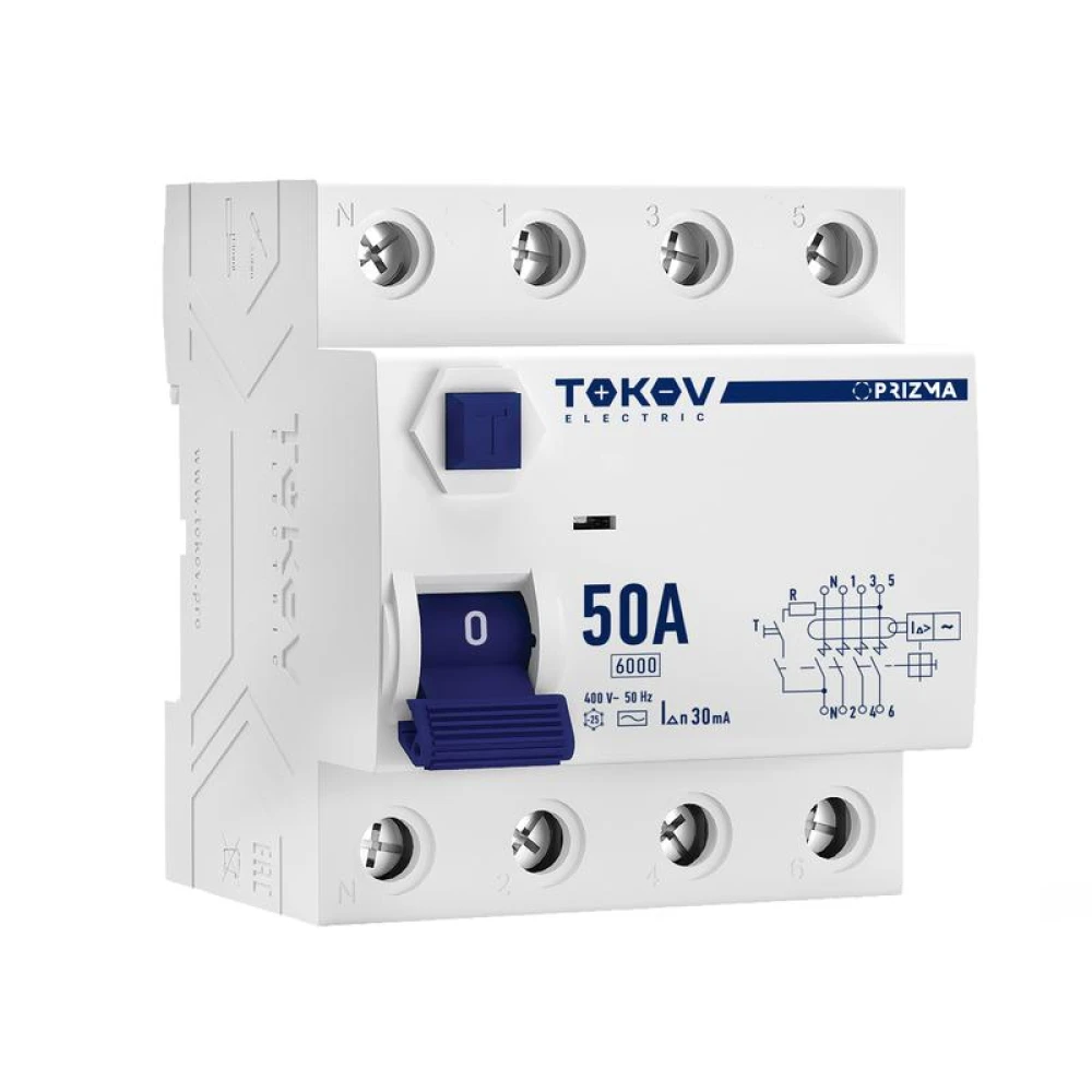 Выключатель дифференциального тока (УЗО) 4п (3P+N) 50А 30мА тип AC 6кА PRIZMA TOKOV Electric TKE-PZ60-RCDM-4-50-30-AC
