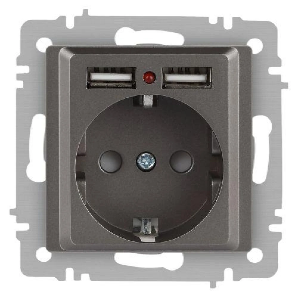 Розетка 1-м СП Accent 6-410-09 16А IP20 250В P+E Schuko + 2хUSB защ. шторки титан Intro Б0063711