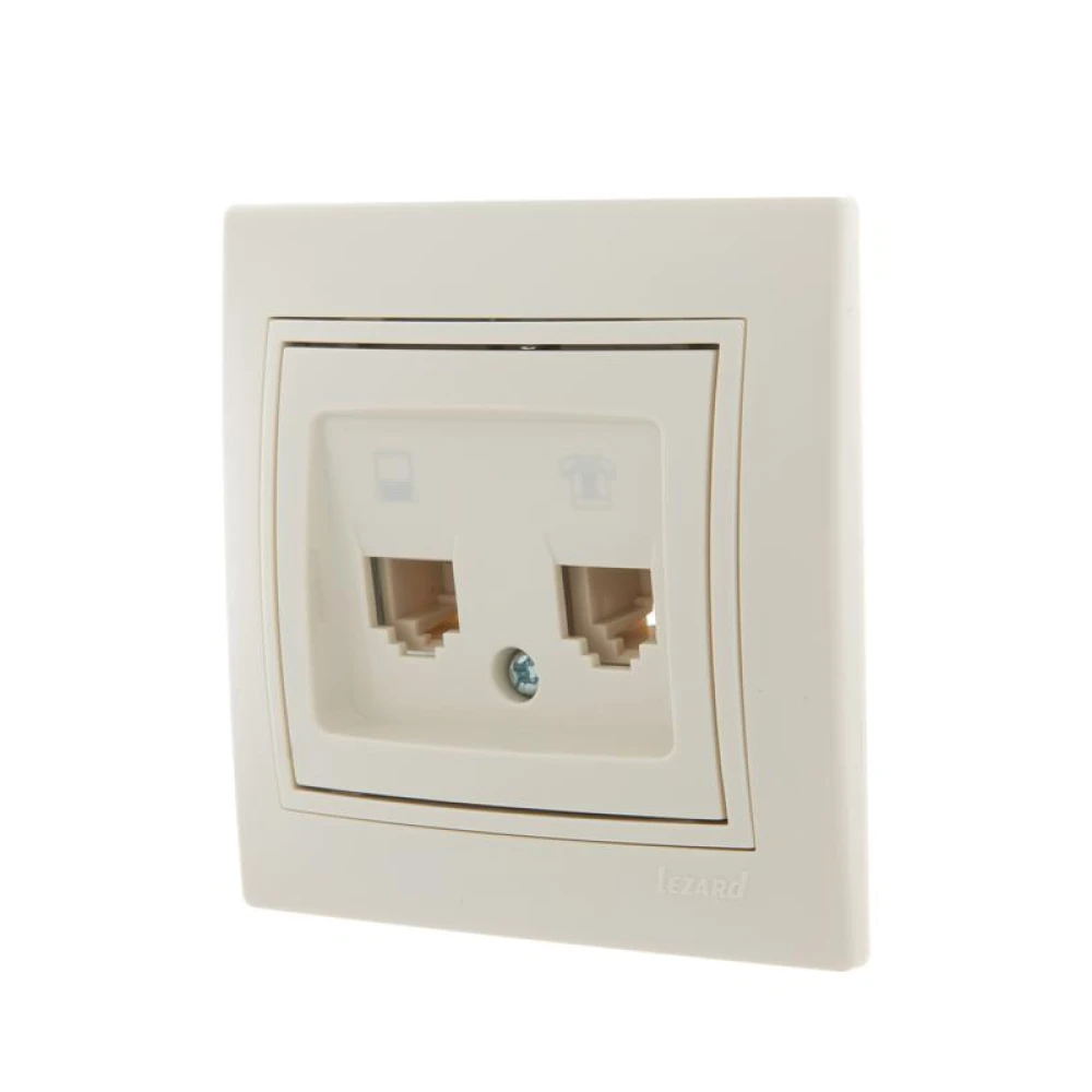 Розетка компьютерная + телефонная 2-м СП Mira RJ45 + RJ11 крем./крем.. LEZARD 701-0303-143