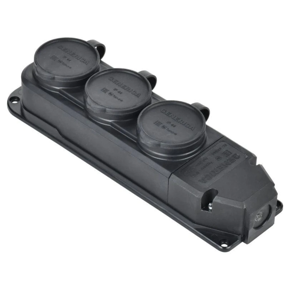 Колодка удлинителя 3-м 16А IP44 с защ. крышкой каучук черн. GENERICA ERK20-016-03-44-K02-G