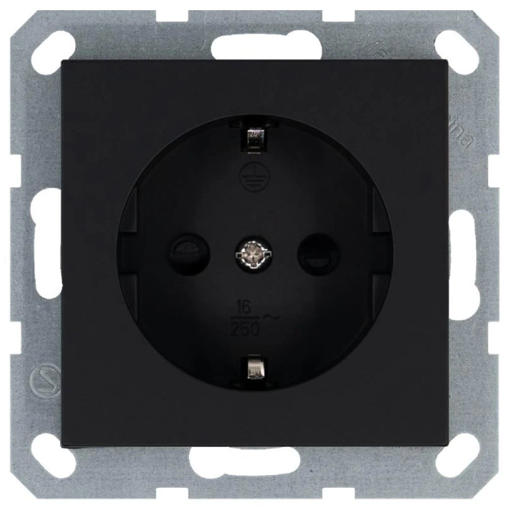 Розетка 1-м Shuko 16А IP20 с заземл. защ. шторки механизм черн. матов. soft touch Jasmart G5501PB