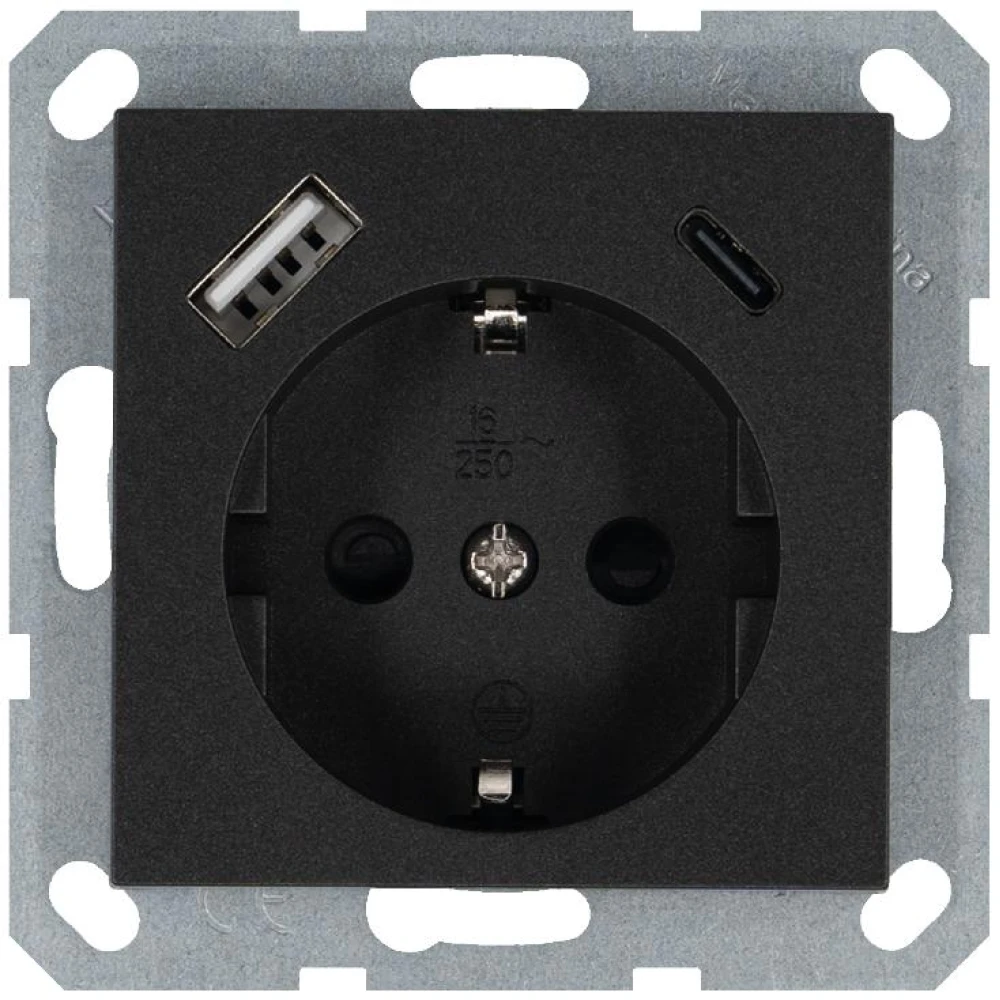 Розетка Shuko 16А с заземл. защ. шторки с 2-мя заряд. устройствами USB тип A+C 25Вт механизм антрацит Jasmart G5501USB-25B