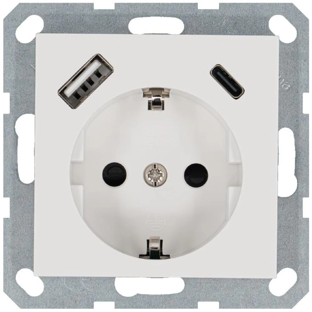 Розетка Shuko 16А с заземл. защ. шторки с 2-мя заряд. устройствами USB тип A+C 25Вт механизм бел. глянцевый Jasmart G5501USB-25W