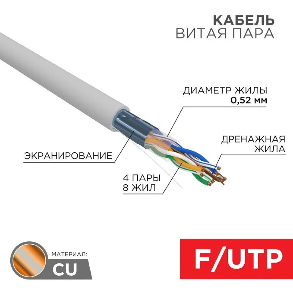 Кабель витая пара F/UTP кат.5e 4х2х0.52 24AWG solid PVC INDOOR сер. (305м) PRO Rexant 02-0025