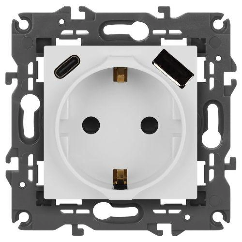 Розетка Elegance 14-4108-01 16A 250В 2P+E защ. шторки с USB type-A+C 3А 5В белый Эра Б0067736