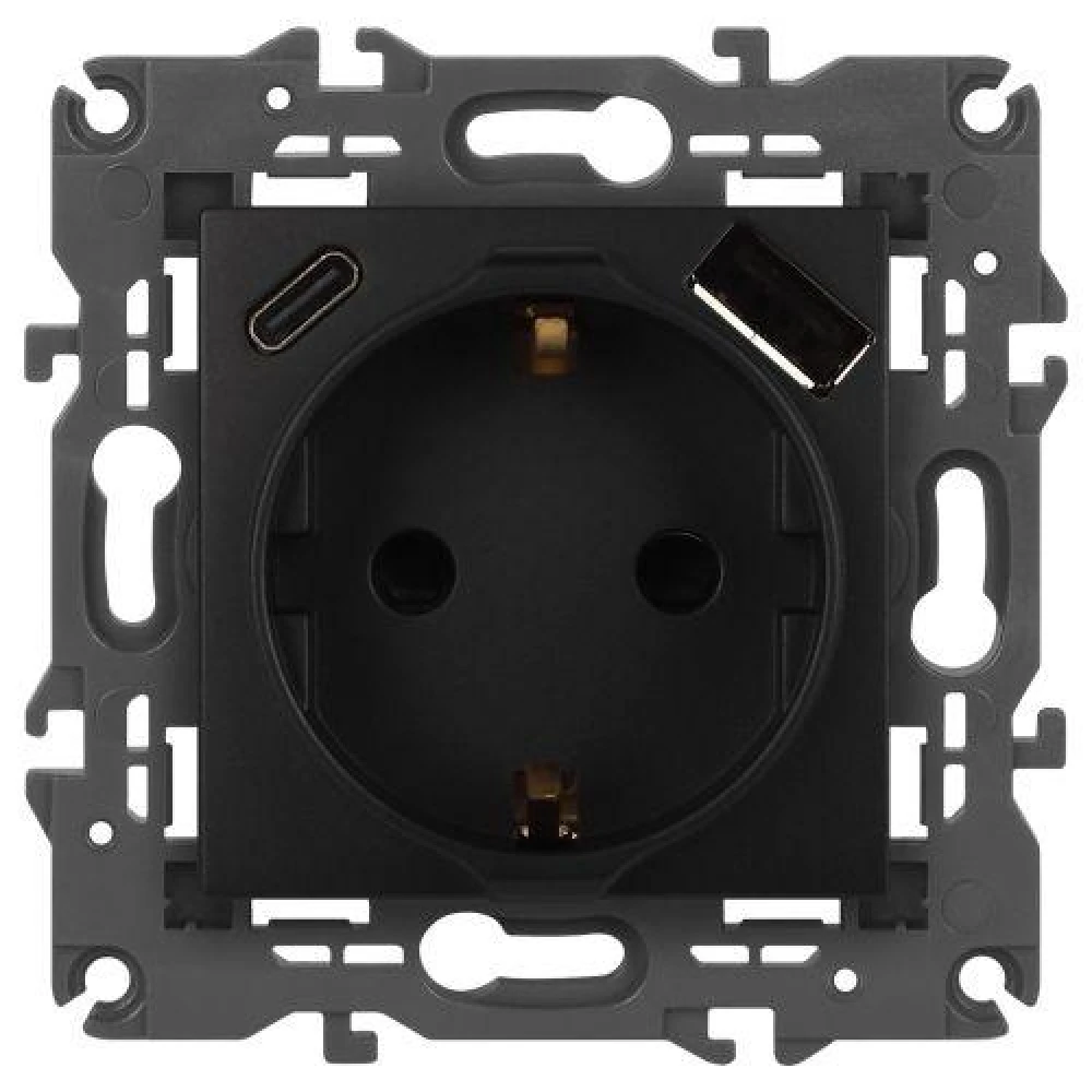 Розетка Elegance 14-4108-05 16A 250В 2P+E защ. шторки с USB type-A+C 3А 5В антрацит Эра Б0067724