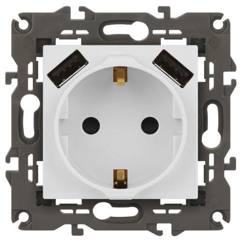 Розетка Elegance 14-4109-01М 16A 250В 2P+E защ. штор. с 2xUSB 3А 5В матов. бел. Эра Б0065773