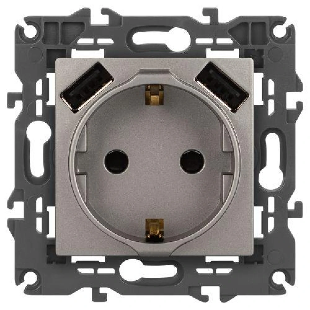 Розетка Elegance 14-4109-16 16A 250В 2P+E защ. штор. с 2xUSB 3А 5В титан Эра Б0065775