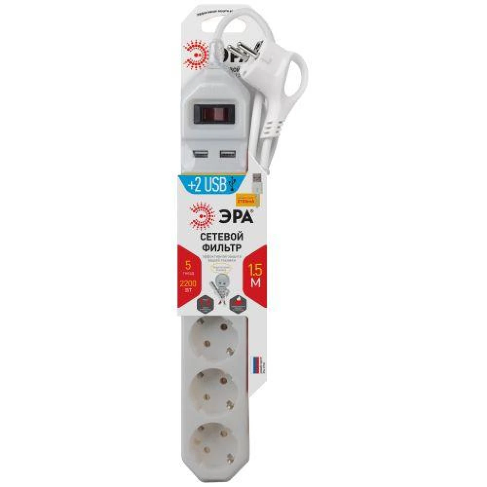 Удлинитель с сетевым фильтром 5х1.5м с заземл. 10А IP20 2хUSB ПВС 3х0.75 с выкл. бел. Эра Б0019037
