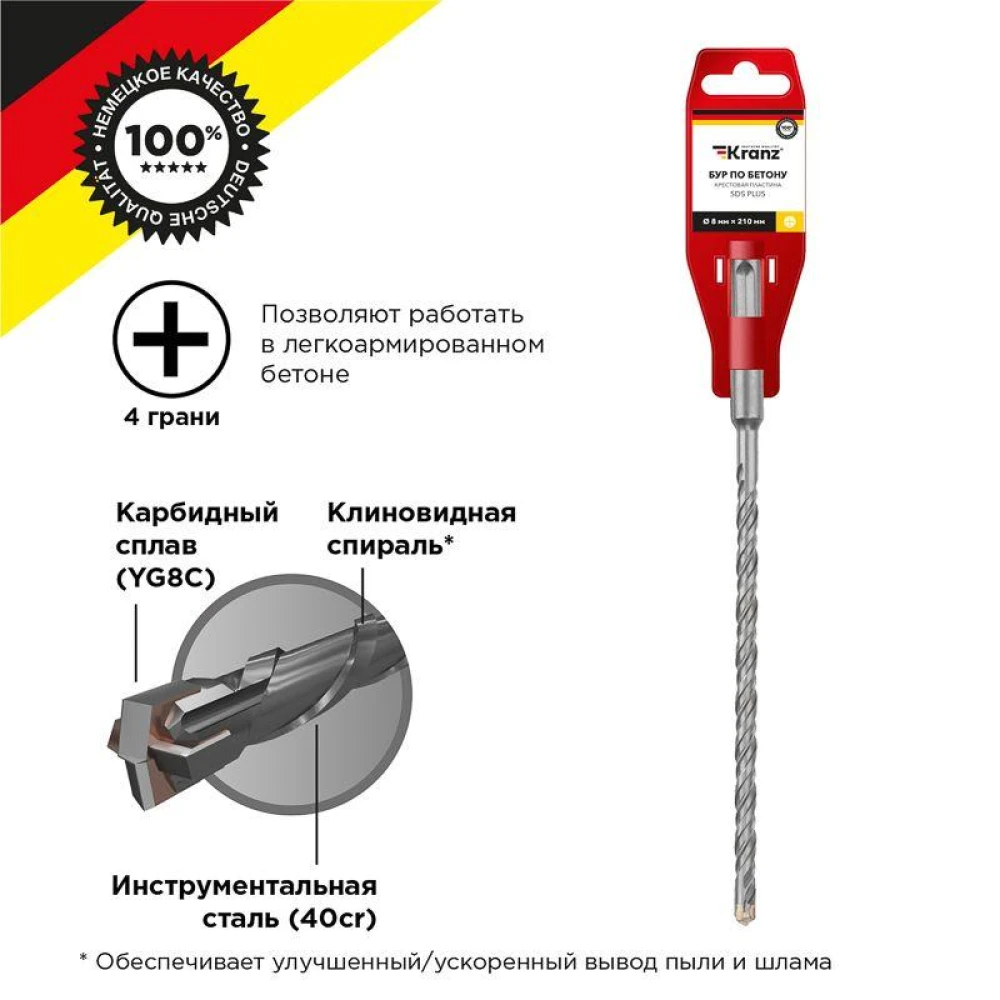 Бур по бетону 8х210мм крестовая пластина SDS PLUS Kranz KR-91-0807