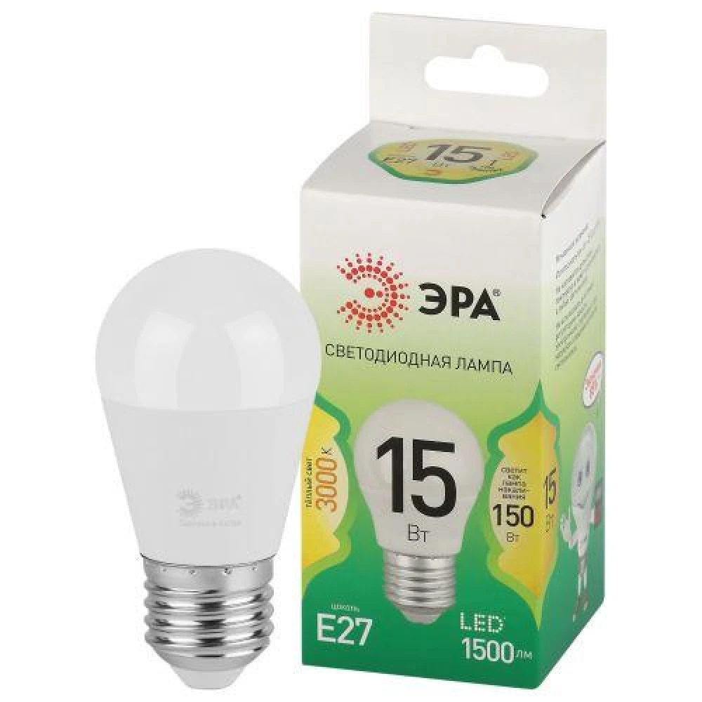 Лампа светодиодная GREEN LINE P45-15W-830-E27 GL 15Вт шар 3000К свет тепл. E27 Эра Б0067038