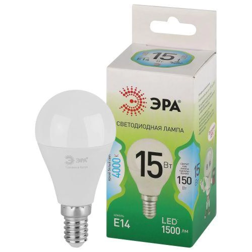 Лампа светодиодная GREEN LINE P45-15W-840-E14 GL 15Вт шар 4000К яркий свет бел. E14 Эра Б0067045