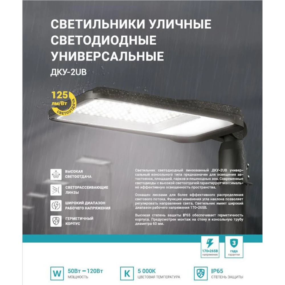 Светильник уличный линзованный светодиодный ДКУ-2UB 50Вт 230В 5000К 6250лм 125лм/Вт универсальный IP65 NEOX 4690612057415