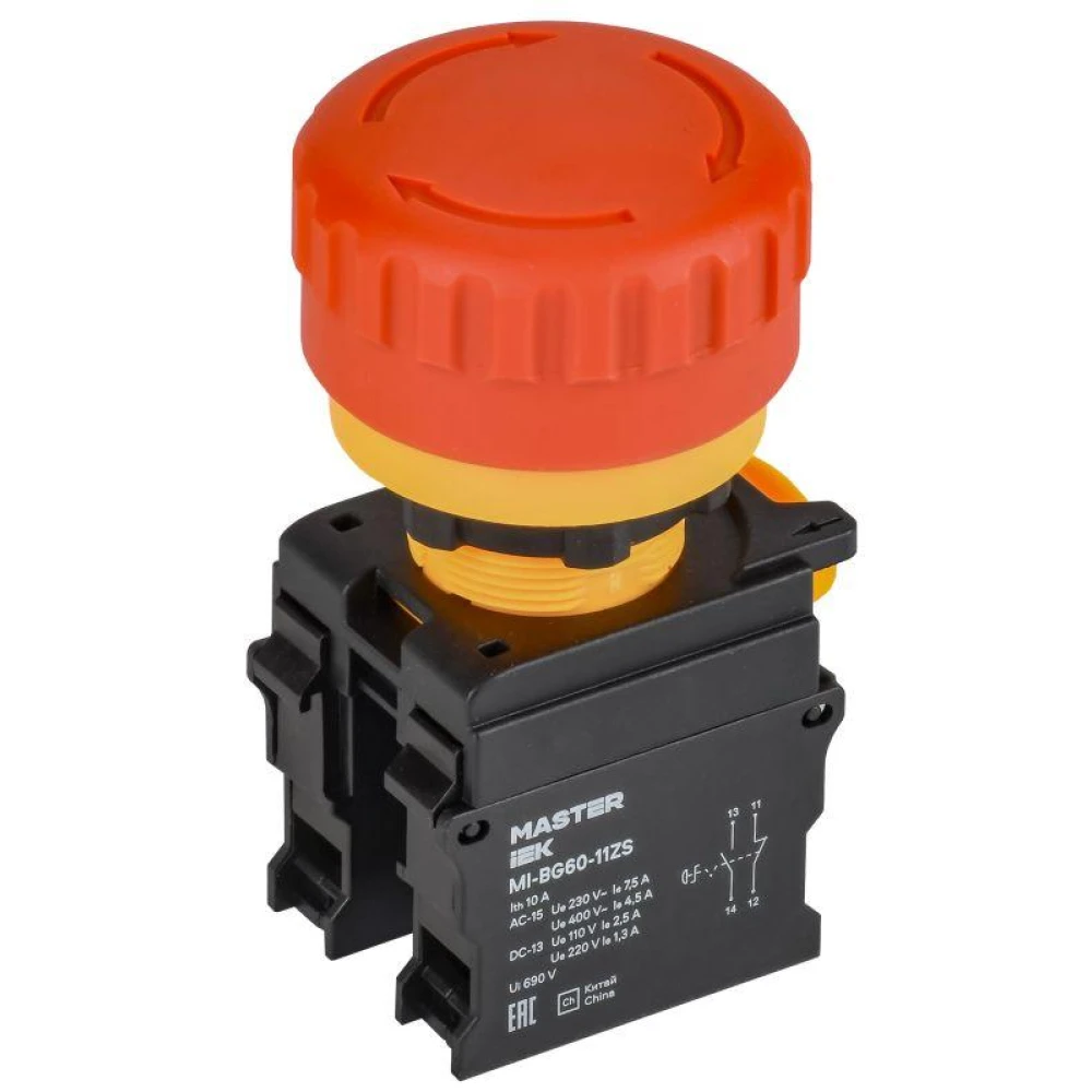 Кнопка "Грибок" 1НО+1НЗ MASTER поворотн. с фиксацией красн. IEK MI-BG60-11ZS-3-23-K04