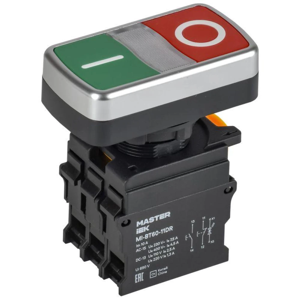 Кнопка "I-O" d22мм 1НО+1НЗ MASTER с подсветкой IEK MI-BT60-11DR-3-11-K51