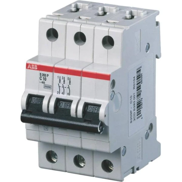 Автоматический выключатель ABB S203P-D63, 3P 63A, характеристика D, 15 кА, 400 В (2CDS283001R0631)