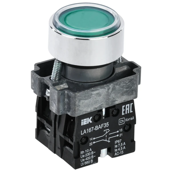 Кнопка управления LA167-BAF35 d-22мм,зеленая,1з+1р BBT20-BAF35-3-22-67-K06