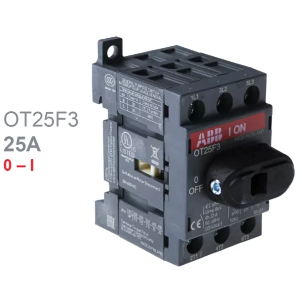 Рубильник ABB OT25F3, 3P, 25 А, фронтальная рукоятка, на DIN-рейку (выключатель нагрузки, 1SCA104857R1001)
