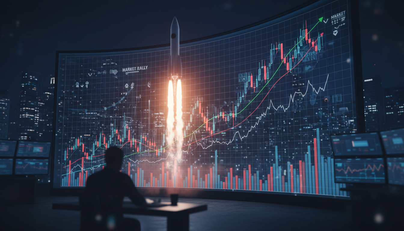 Ракета взлетает вверх на фоне растущего финансового графика котировок